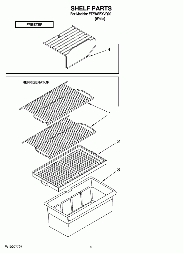 SHELF PARTS, OPTIONAL PARTS (NOT INCLUDED) Diagram and Parts List for ET5WSEXVQ00  Whirlpool Refrigerator