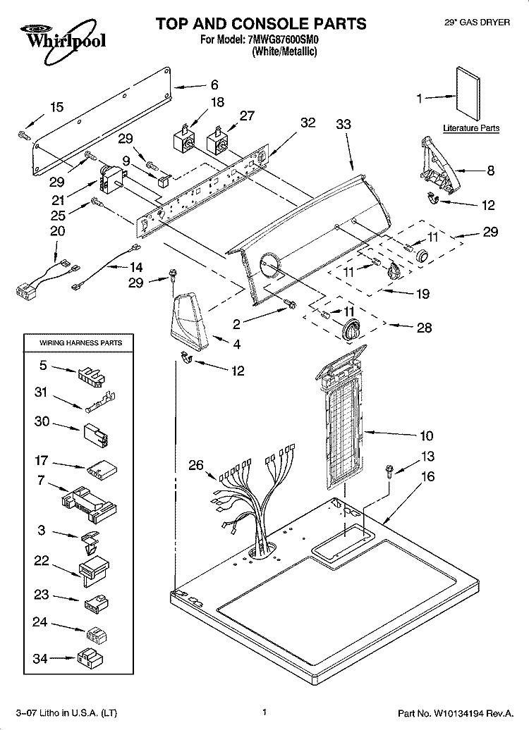 TOP AND CONSOLE PARTS Diagram and Parts List for 7MWG87600SM0  Whirlpool Dryer