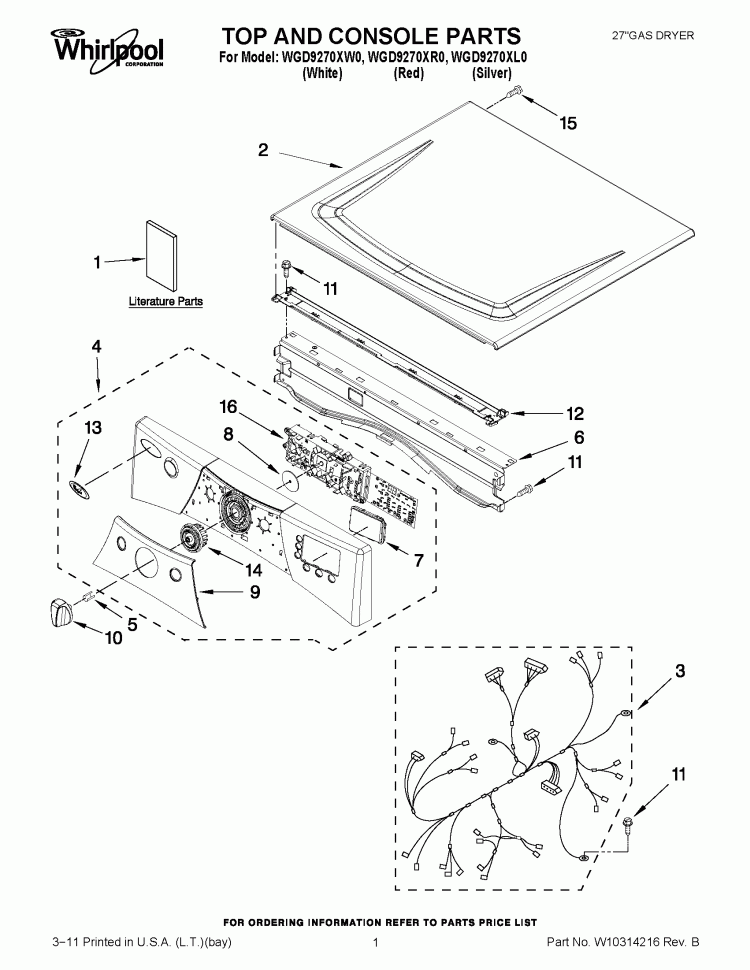 TOP AND CONSOLE PARTS Diagram and Parts List for WGD9270XW0  Whirlpool Dryer