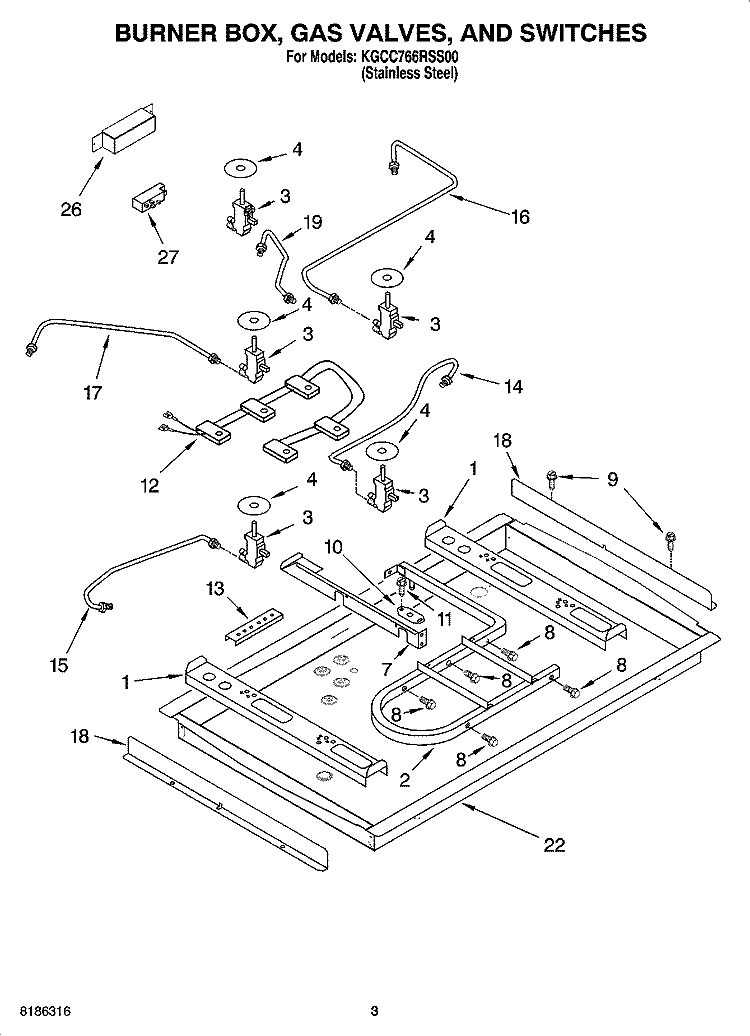 BURNER BOX, GAS VALVES, AND SWITCHES, OPTIONAL PARTS Diagram and Parts List for KGCC766RSS00  KitchenAid Cooktop