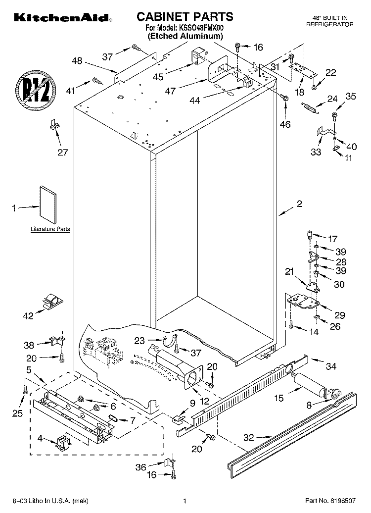 CABINET PARTS Diagram and Parts List for KSSO48FMX00  KitchenAid Refrigerator