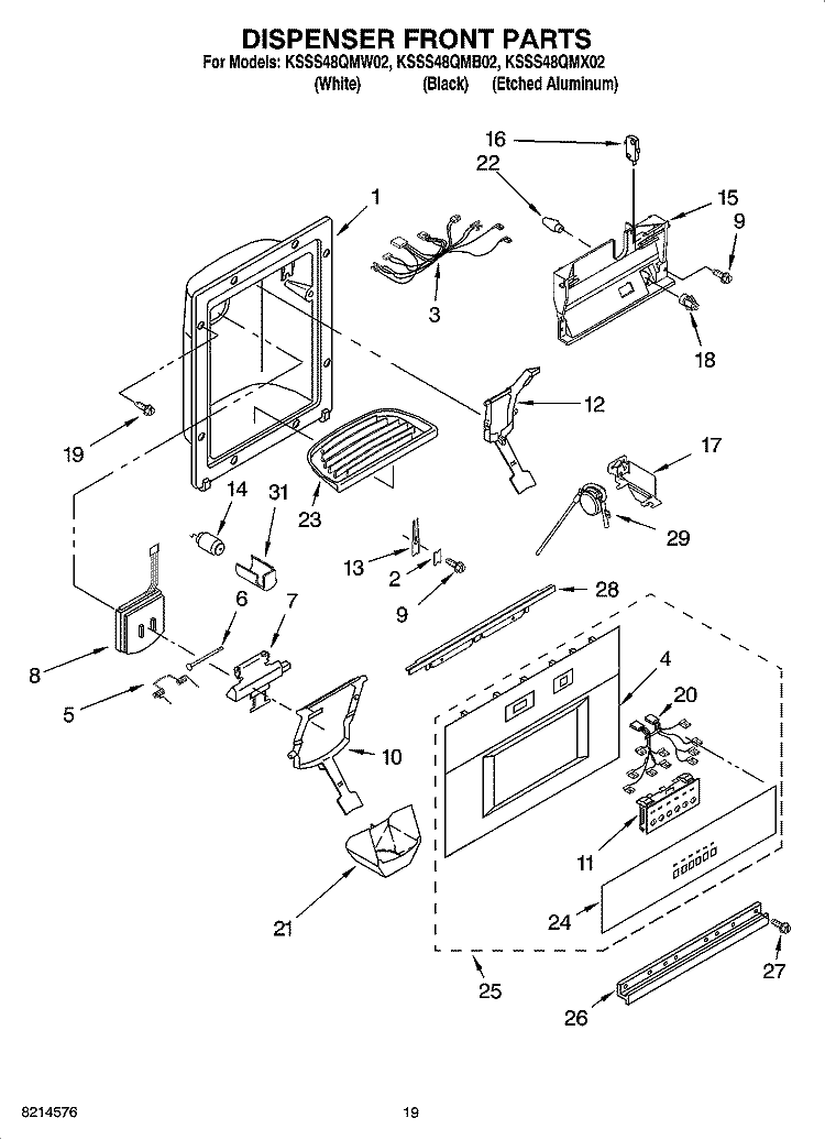 DISPENSER AND FRONT PARTS Diagram and Parts List for KSSS48QMX02  KitchenAid Refrigerator