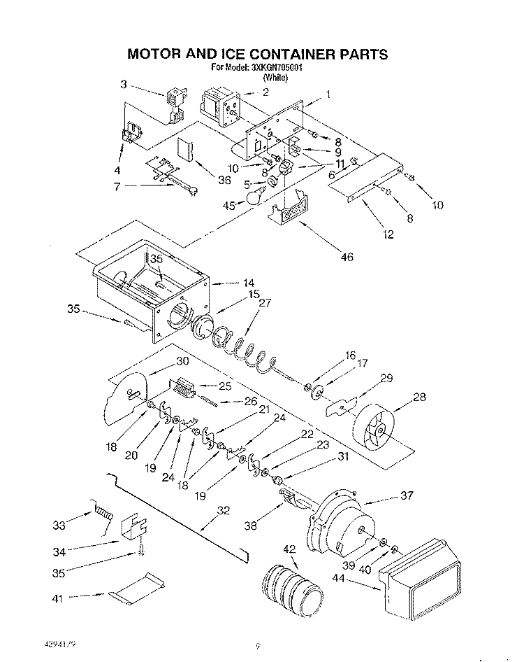 MOTOR AND ICE CONTAINER Diagram and Parts List for 3XKGN705001  Whirlpool Refrigerator
