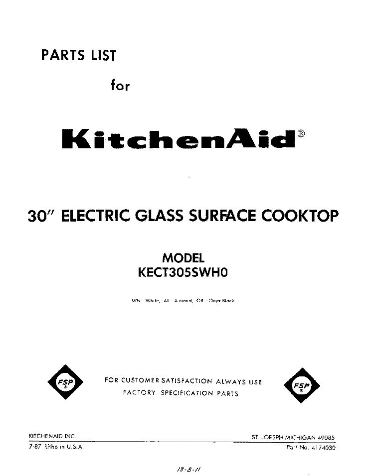 SECTION Diagram and Parts List for KECT305SWH0  KitchenAid Cooktop