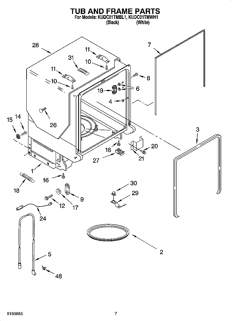 TUB AND FRAME PARTS Diagram and Parts List for KUDC01TMBL1  KitchenAid Dishwasher