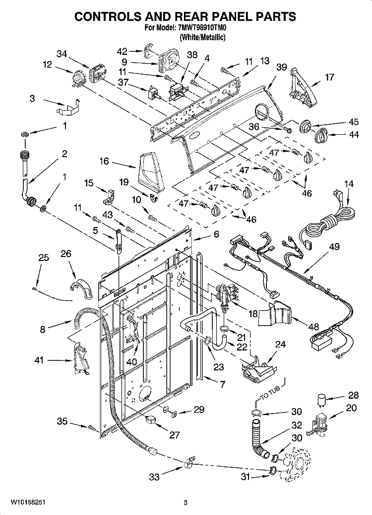 CONTROLS AND REAR PANEL PARTS Diagram and Parts List for 7MWT98910TM0  Whirlpool Washer