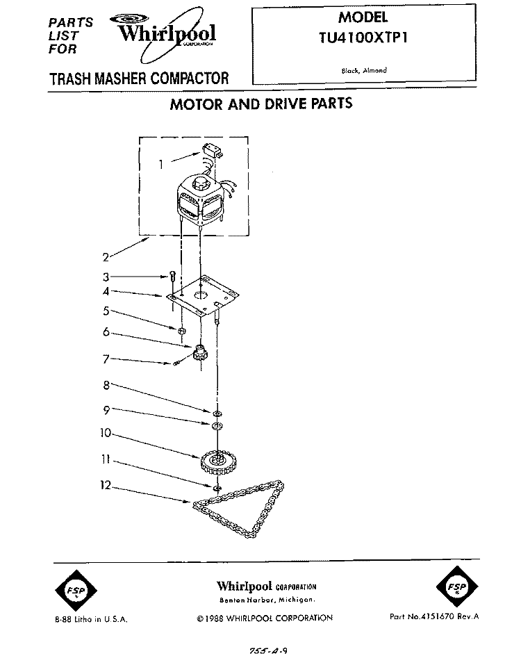 MOTOR AND DRIVE Diagram and Parts List for TU4100XTP1  Whirlpool Trash Compactor