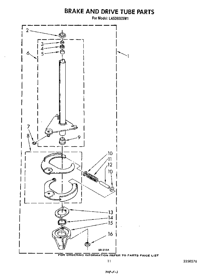 BRAKE AND DRIVE TUBE Diagram and Parts List for LA5380XSW1  Whirlpool Washer