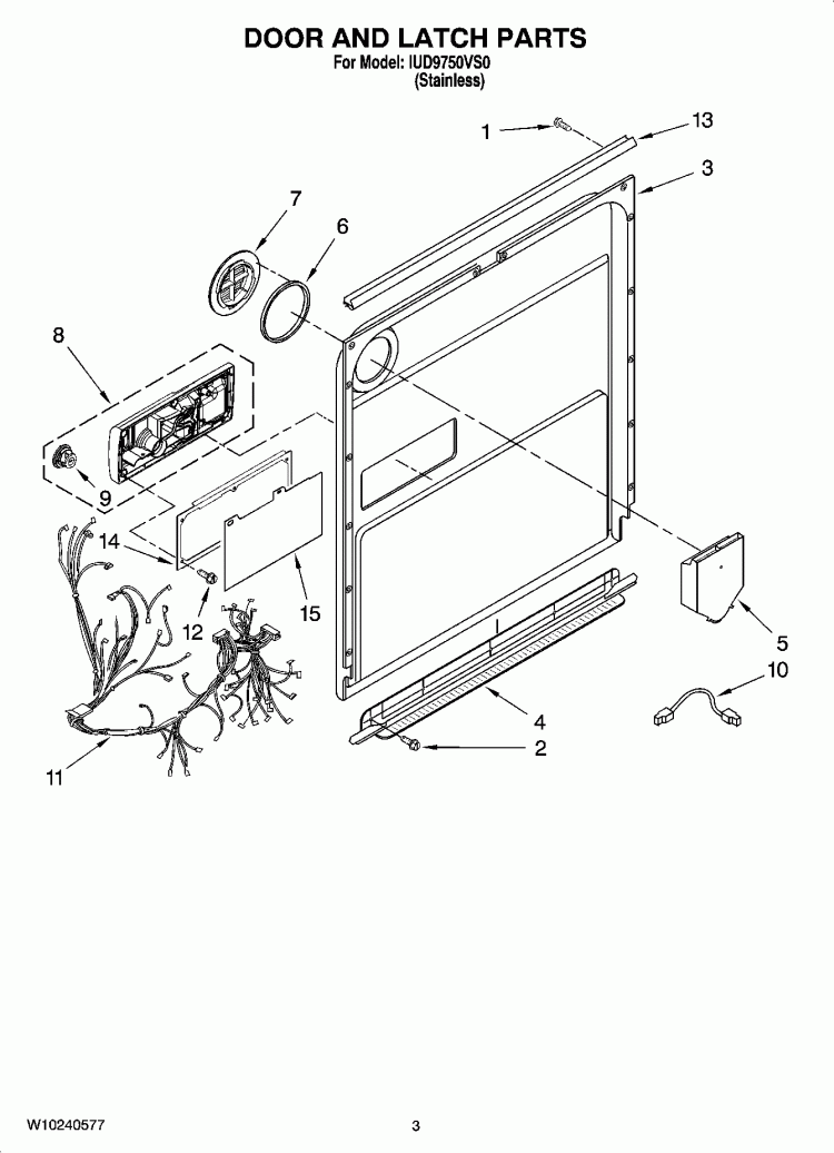 DOOR AND LATCH PARTS Diagram and Parts List for IUD9750VS0  Whirlpool Dishwasher