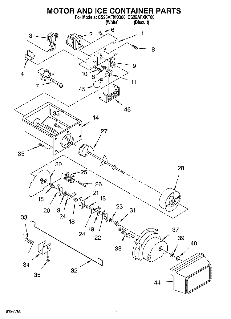 MOTOR AND ICE CONTAINER Diagram and Parts List for CS25AFXKT00  Crosley Refrigerator