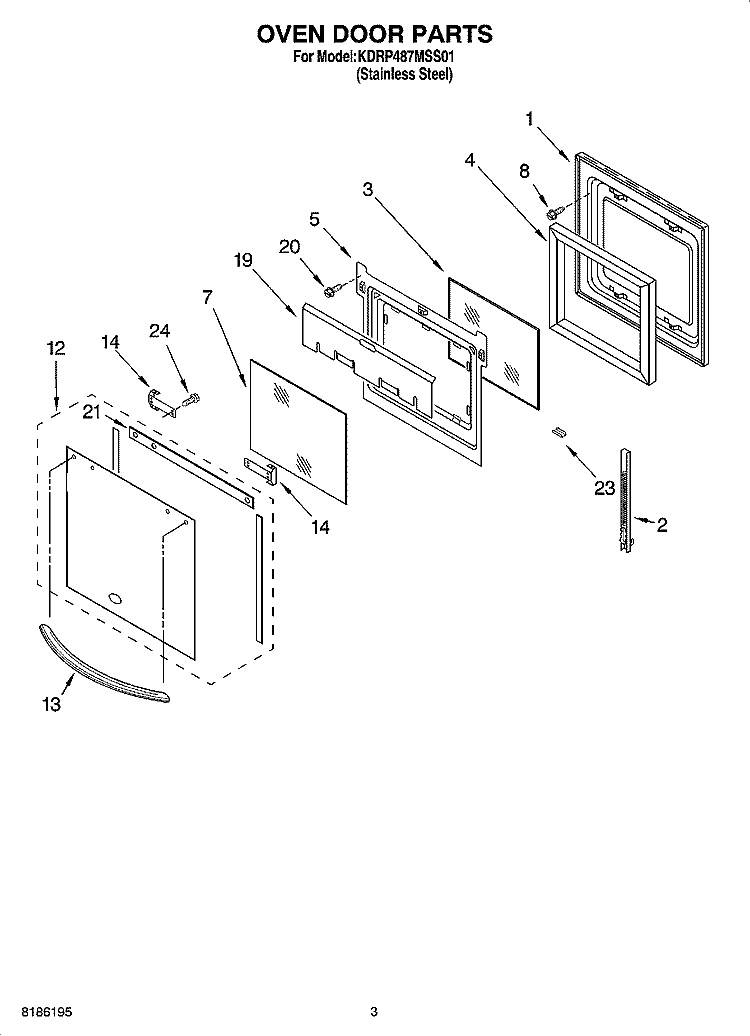 OVEN DOOR PARTS Diagram and Parts List for KDRP487MSS01  KitchenAid Range