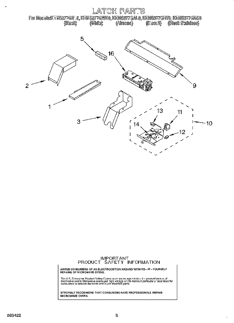 LATCH Diagram and Parts List for KEMS377GAL0  KitchenAid Microwave Oven Combo