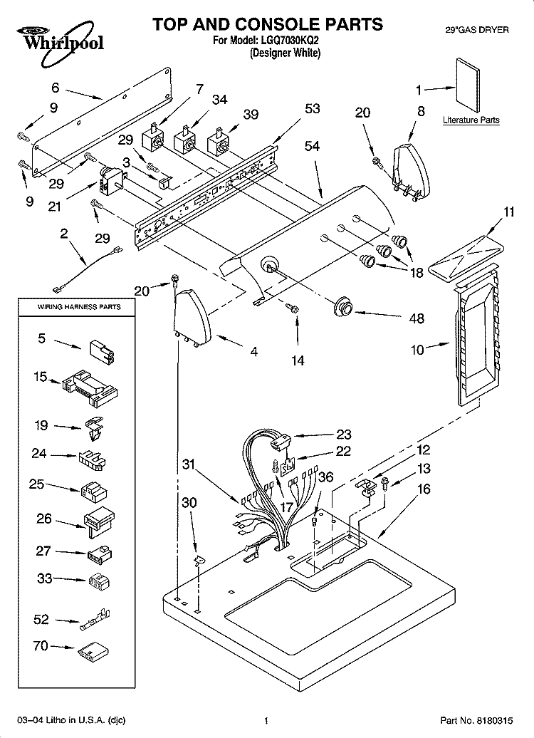 TOP AND CONSOLE PARTS Diagram and Parts List for LGQ7030KQ2  Whirlpool Dryer