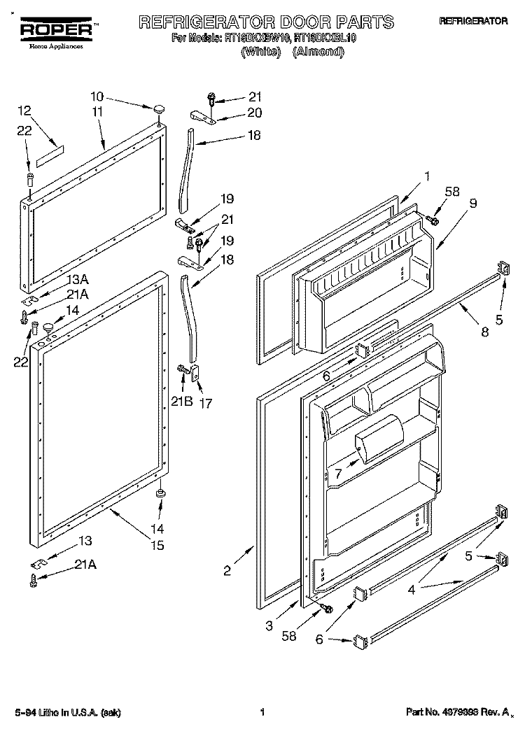 REFRIGERATOR DOOR Diagram and Parts List for RT18DKXBL10  Roper Refrigerator