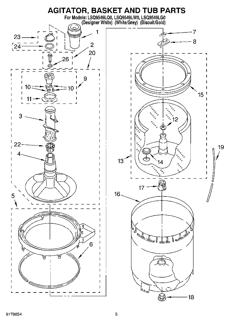 AGITATOR, BASKET AND TUB Diagram and Parts List for LSQ9549LW0  Whirlpool Washer