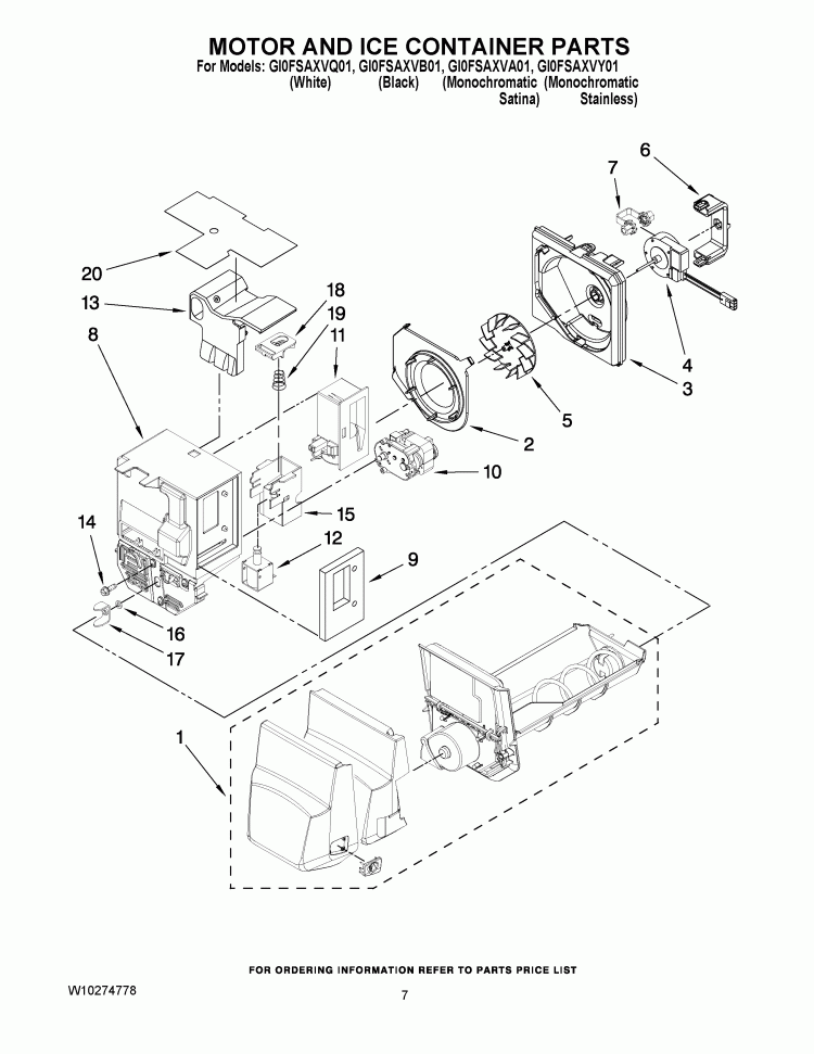 MOTOR AND ICE CONTAINER PARTS Diagram and Parts List for GI0FSAXVA01  Whirlpool Refrigerator