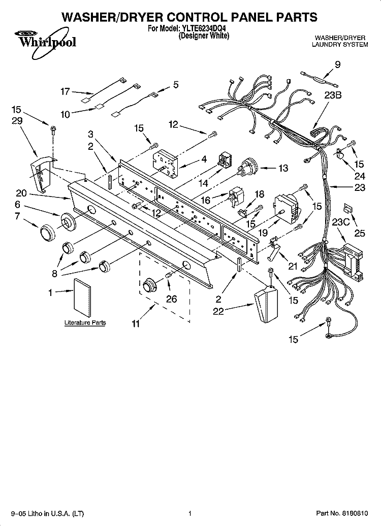 WASHER/DRYER CONTROL PANEL PARTS Diagram and Parts List for YLTE6234DQ4  Whirlpool Washer Dryer Combo