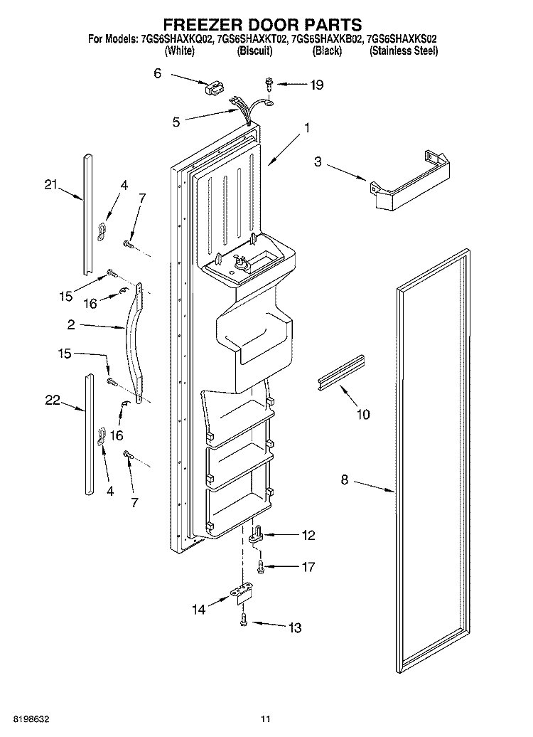FREEZER DOOR PARTS Diagram and Parts List for 7GS6SHAXKT02  Whirlpool Refrigerator