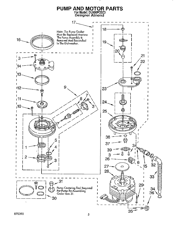 PUMP AND MOTOR Diagram and Parts List for DU900PCDZ3  Whirlpool Dishwasher