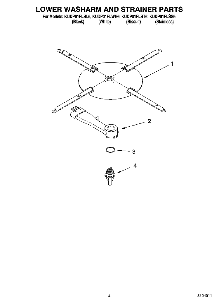 LOWER WASHARM AND STRAINER PARTS Diagram and Parts List for KUDP01FLWH6  KitchenAid Dishwasher