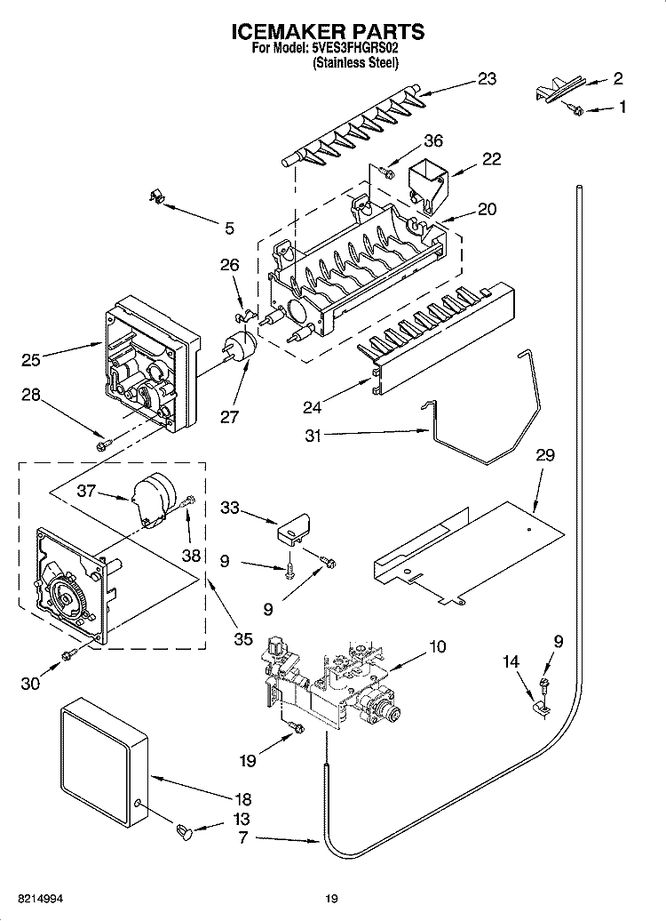 ICEMAKER PARTS, OPTIONAL PARTS (NOT INCLUDED) Diagram and Parts List for 5VES3FHGRS02  Whirlpool Refrigerator
