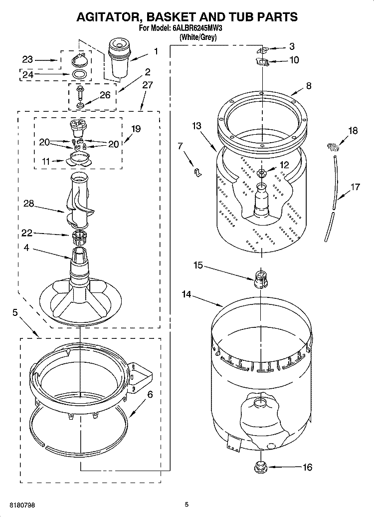 AGITATOR, BASKET AND TUB PARTS Diagram and Parts List for 6ALBR6245MW3  Whirlpool Washer