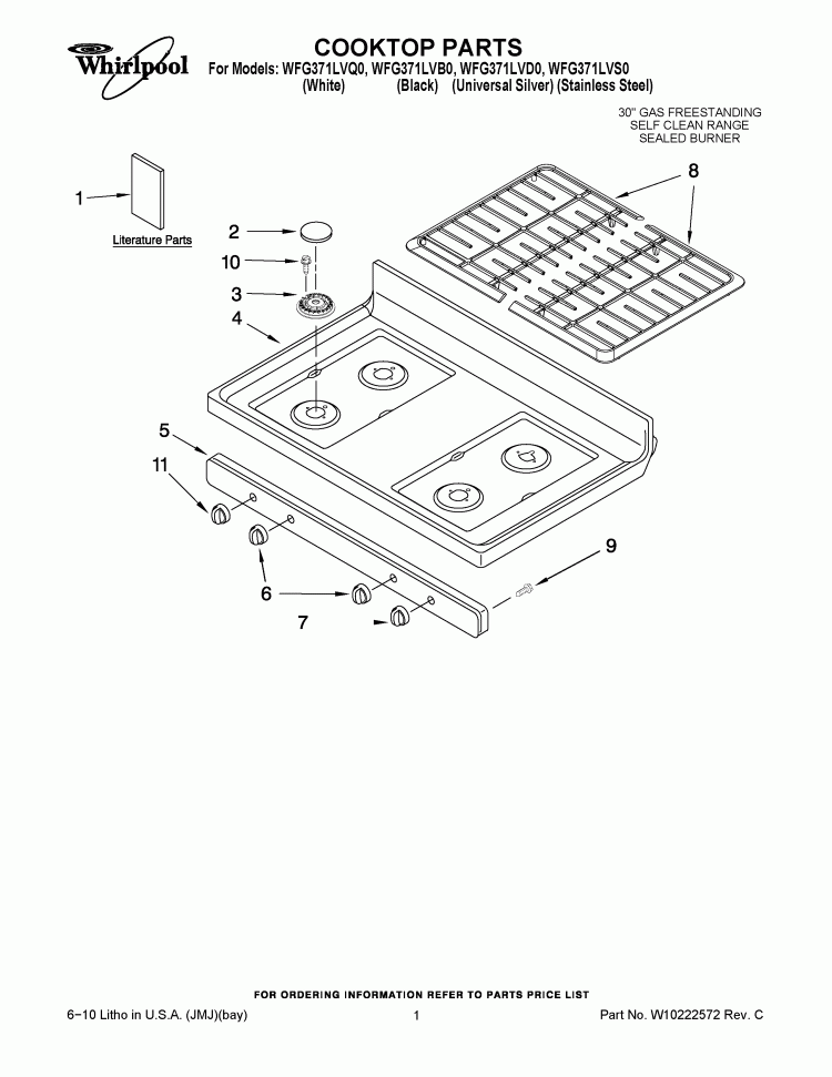 COOKTOP PARTS Diagram and Parts List for WFG371LVQ0  Whirlpool Range