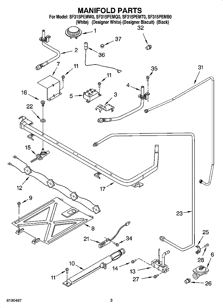MANIFOLD PARTS Diagram and Parts List for SF315PEMT0  Whirlpool Range