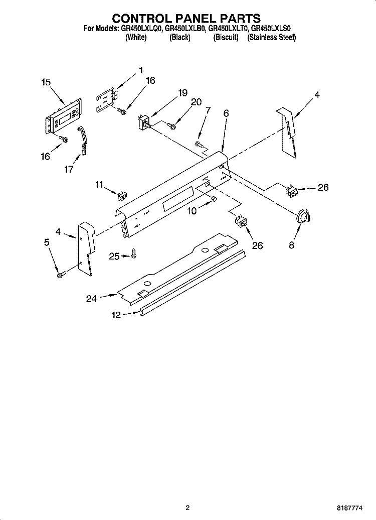 CONTROL PANEL PARTS Diagram and Parts List for GR450LXLS0  Whirlpool Range