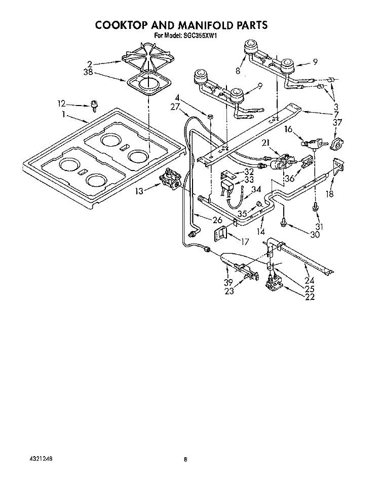 COOKTOP AND MANIFOLD Diagram and Parts List for SGC355XW1  Roper Range