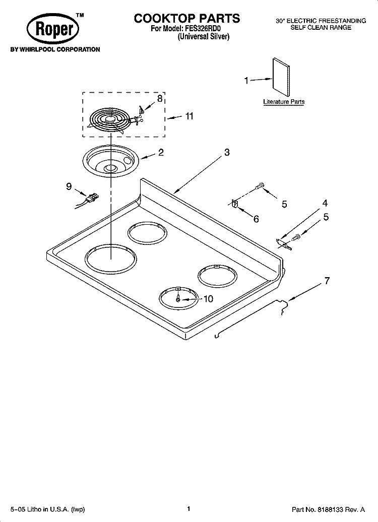 COOKTOP PARTS Diagram and Parts List for FES326RD0  Roper Range