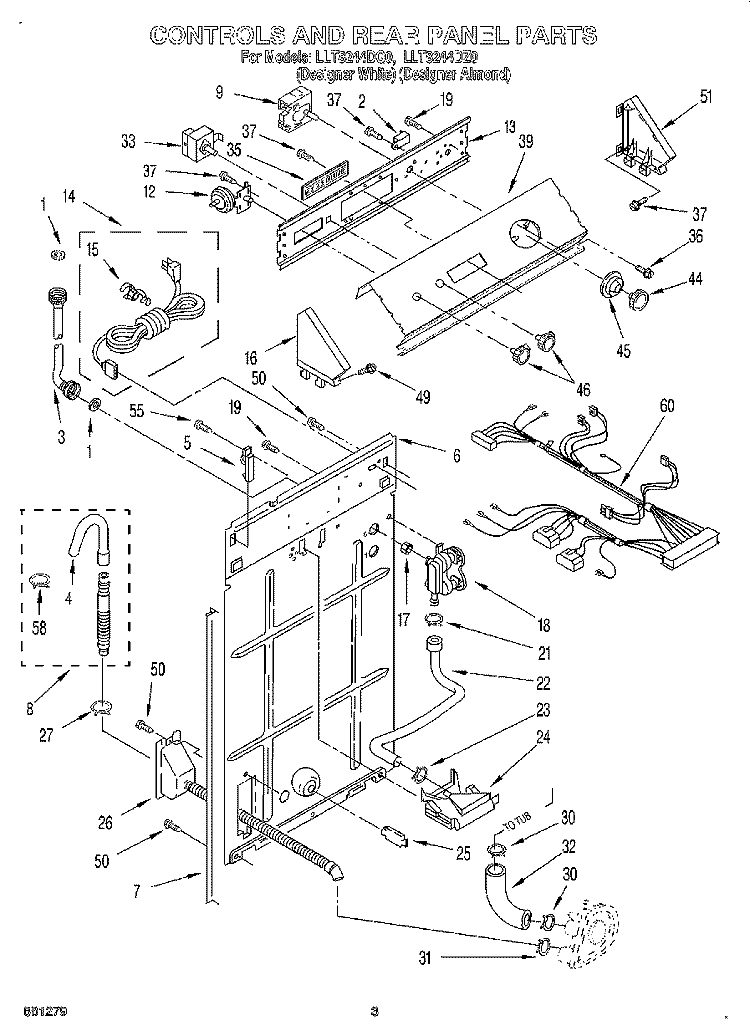 CONTROLS AND REAR PANEL Diagram and Parts List for LLT8244DZ0  Whirlpool Washer