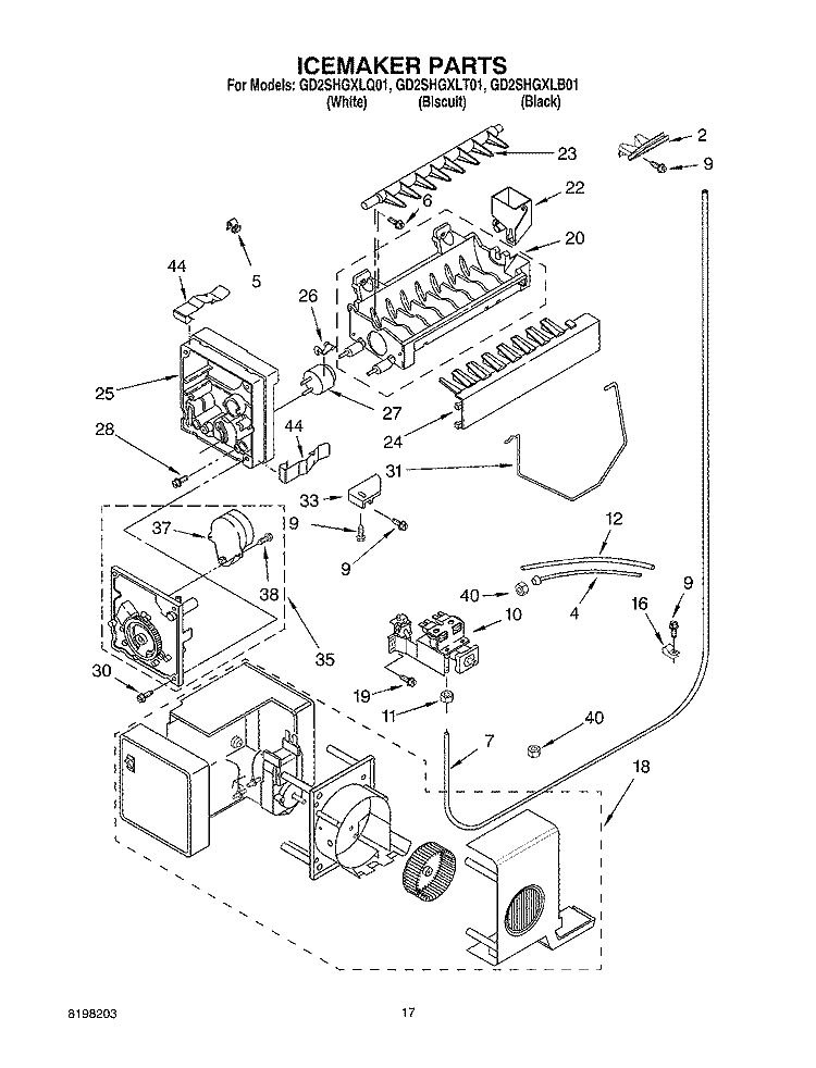 ICEMAKER Diagram and Parts List for GD2SHGXLQ01  Whirlpool Refrigerator