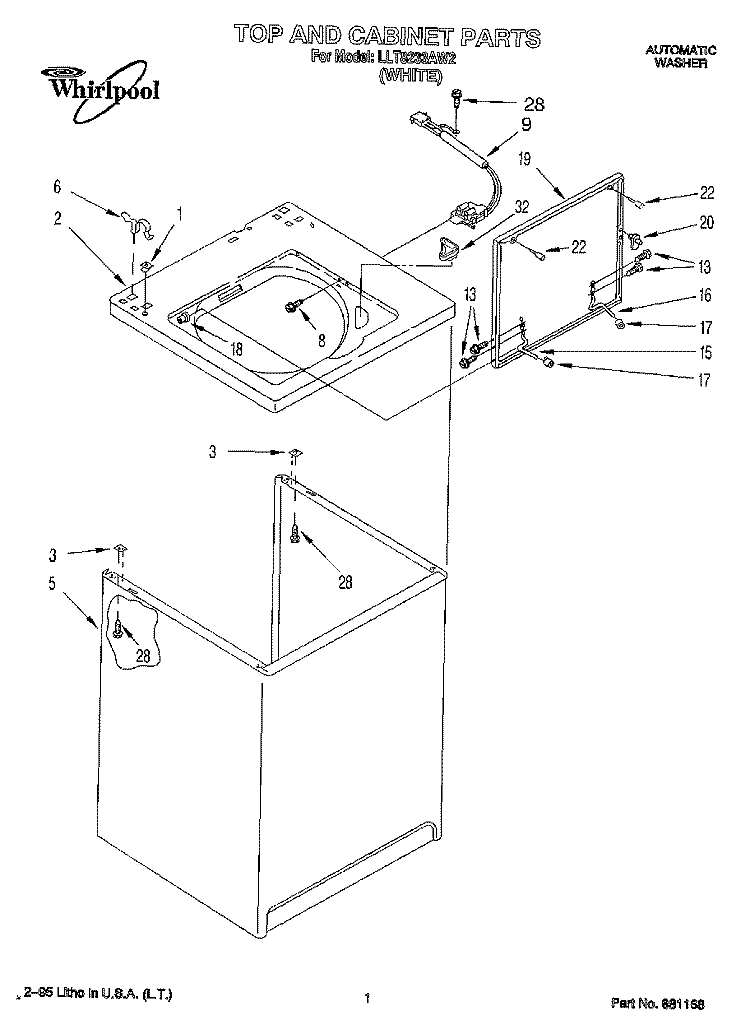 TOP AND CABINET, LIT/OPTIONAL Diagram and Parts List for LLT8233AW2  Whirlpool Washer