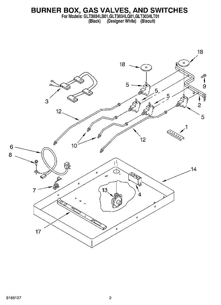 BURNER BOX, GAS VALVES, AND SWITCHES Diagram and Parts List for GLT3034LB01  Whirlpool Cooktop