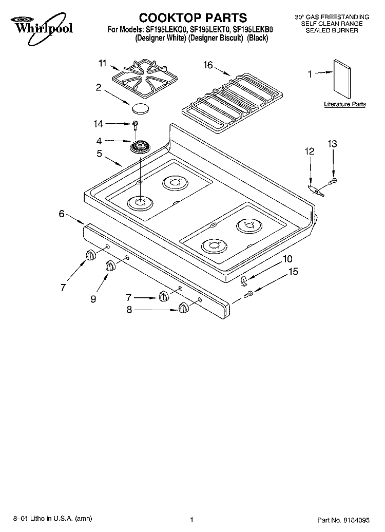 COOKTOP, LITERATURE Diagram and Parts List for SF195LEKT0  Whirlpool Range
