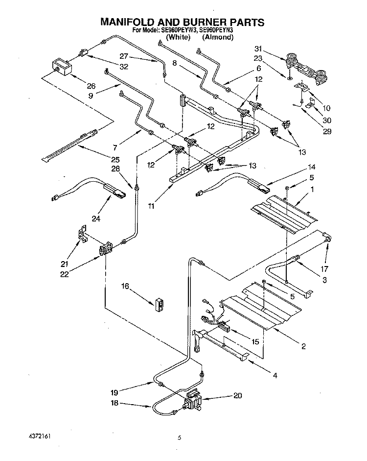 MANIFOLD AND BURNER, LIT/OPTIONAL Diagram and Parts List for SE960PEYN3  Whirlpool Range