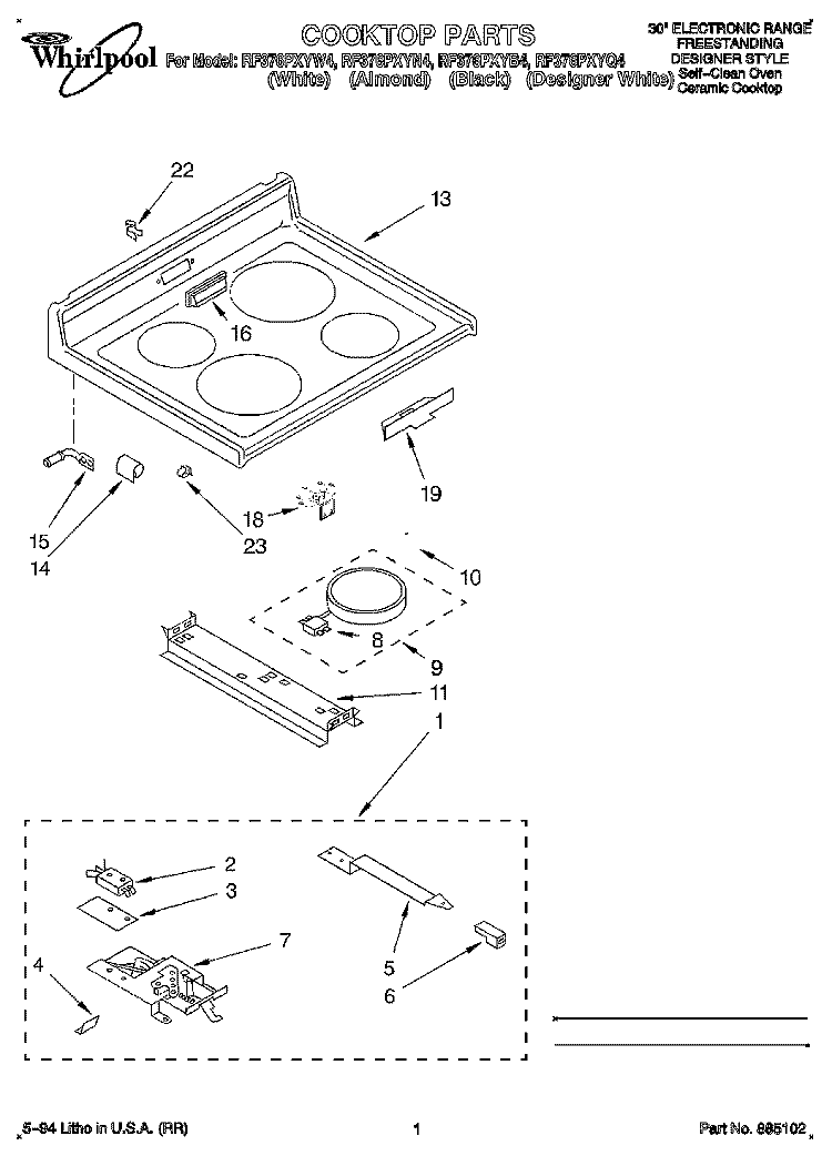 COOKTOP Diagram and Parts List for RF376PXYN4  Whirlpool Range