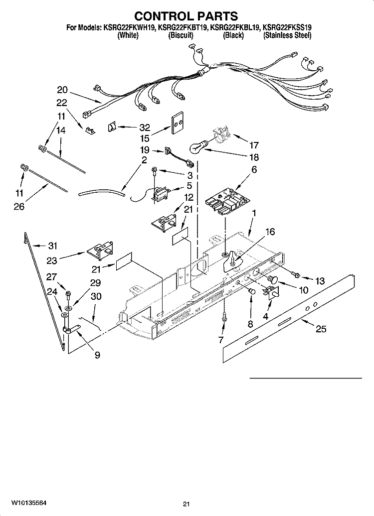 CONTROL PARTS, OPTIONAL PARTS (NOT INCLUDED) Diagram and Parts List for KSRG22FKWH19  KitchenAid Refrigerator