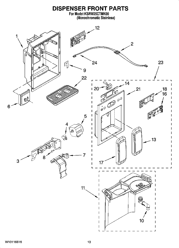 DISPENSER FRONT PARTS Diagram and Parts List for KSRW25CTMK00  KitchenAid Refrigerator