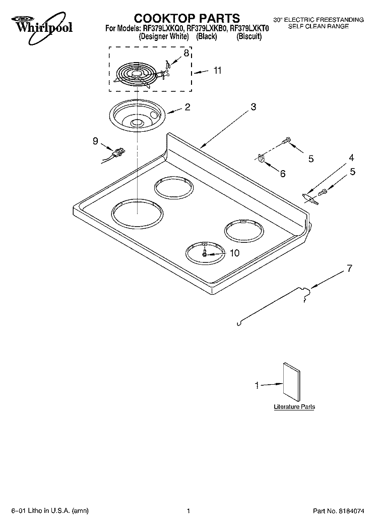 COOKTOP, LITERATURE Diagram and Parts List for RF379LXKT0  Whirlpool Range