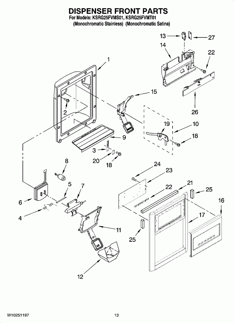 DISPENSER FRONT PARTS Diagram and Parts List for KSRG25FVMS01  KitchenAid Refrigerator