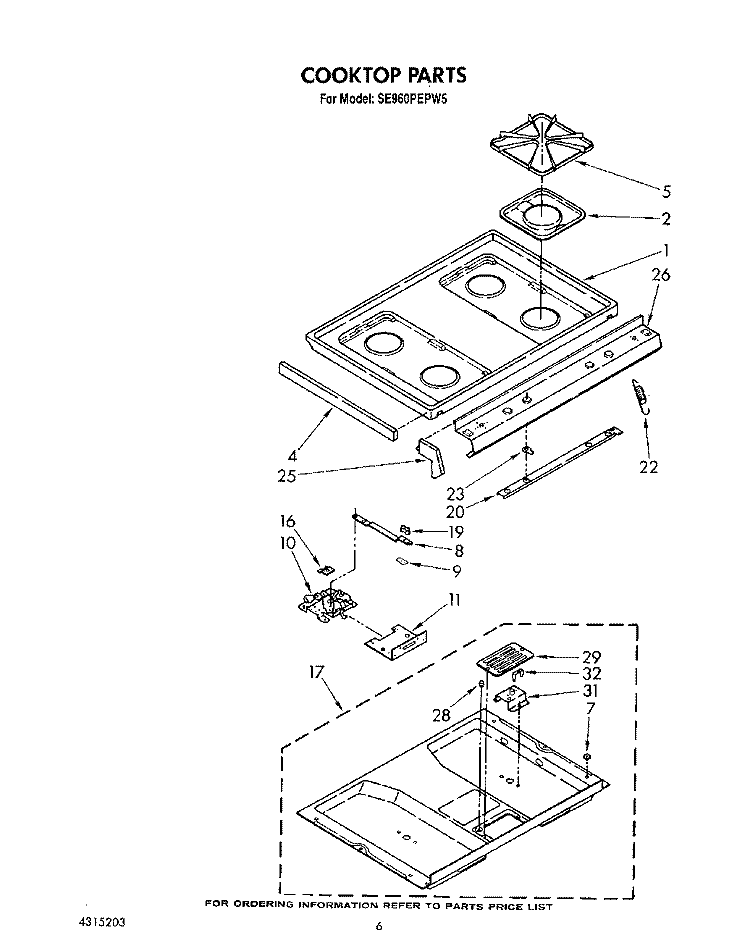 COOKTOP Diagram and Parts List for SE960PEPW5  Whirlpool Range