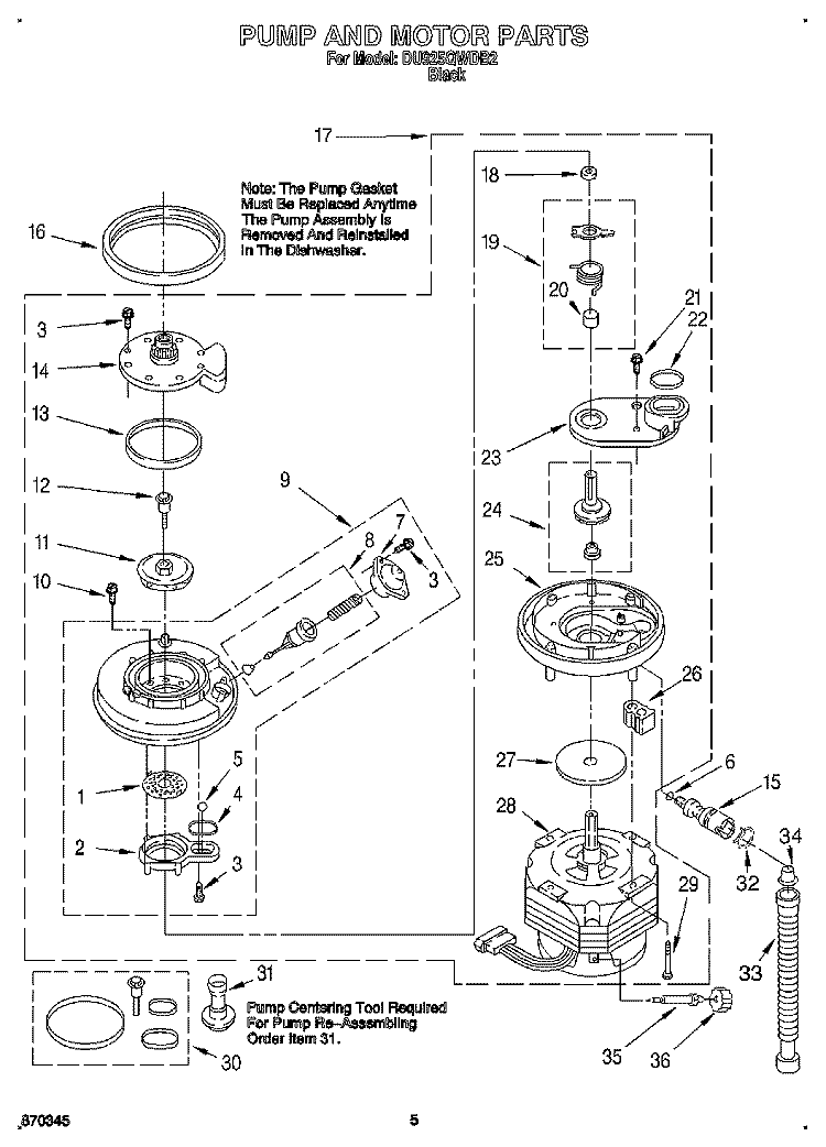 PUMP AND MOTOR Diagram and Parts List for DU925QWDB2  Whirlpool Dishwasher