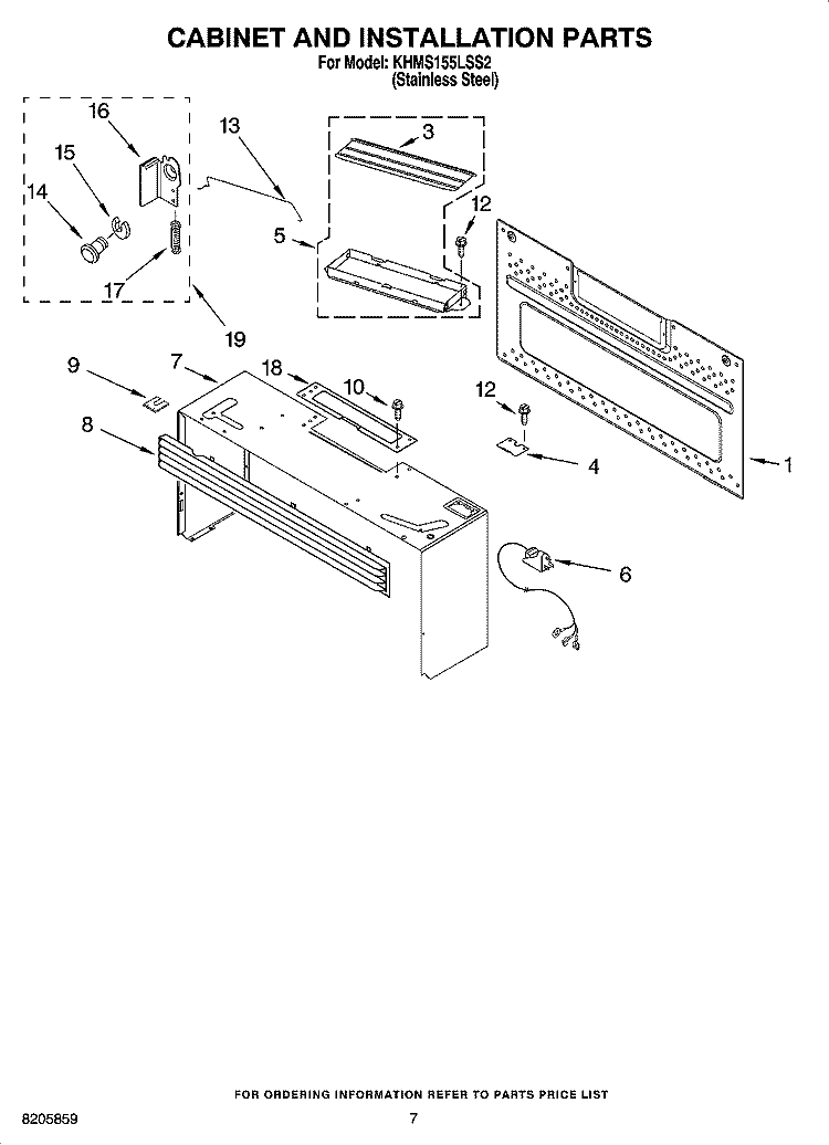 CABINET AND INSTALLATION PARTS Diagram and Parts List for KHMS155LSS2  KitchenAid Microwave