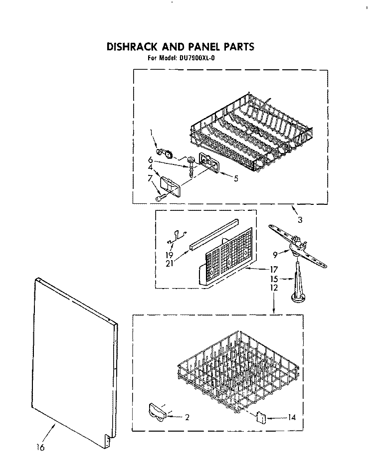 DISHRACK AND PANEL Diagram and Parts List for DU7900XL0  Whirlpool Dishwasher