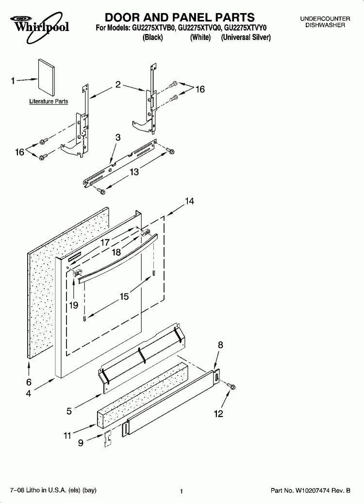 DOOR AND PANEL PARTS Diagram and Parts List for GU2275XTVQ0  Whirlpool Dishwasher