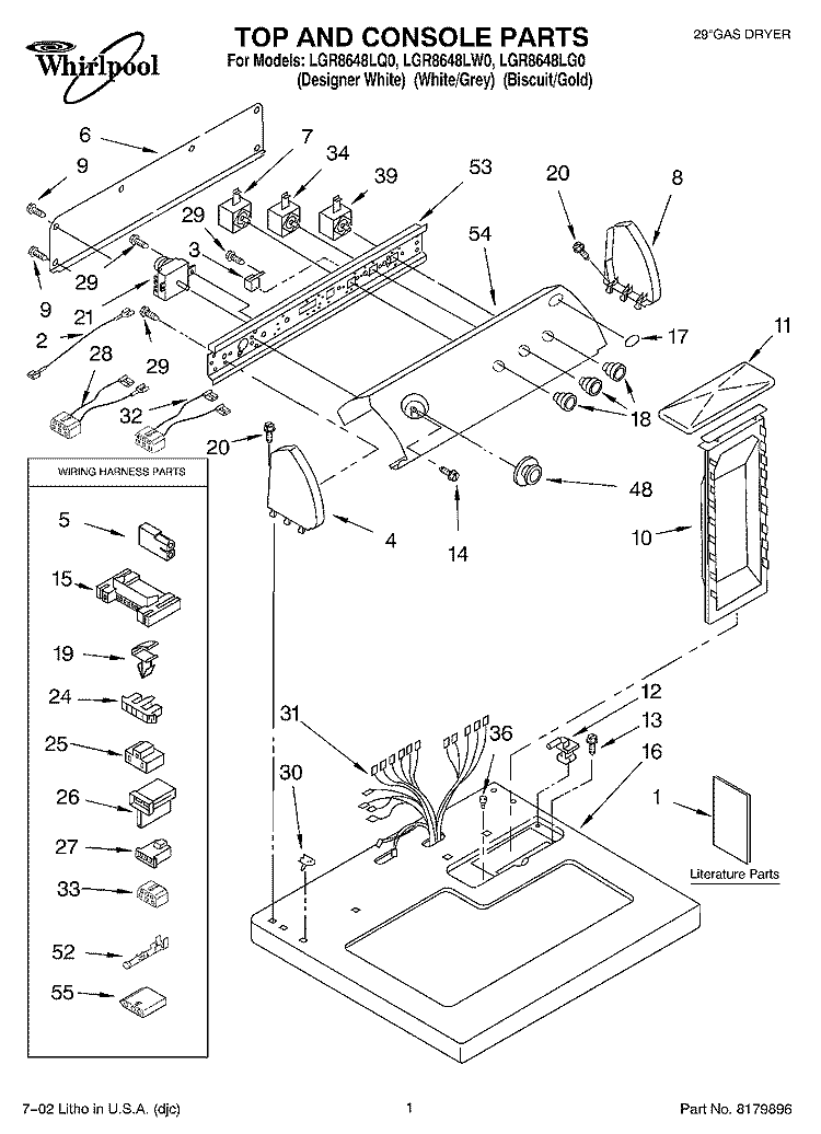 TOP AND CONSOLE, LITERATURE Diagram and Parts List for LGR8648LQ0  Whirlpool Dryer