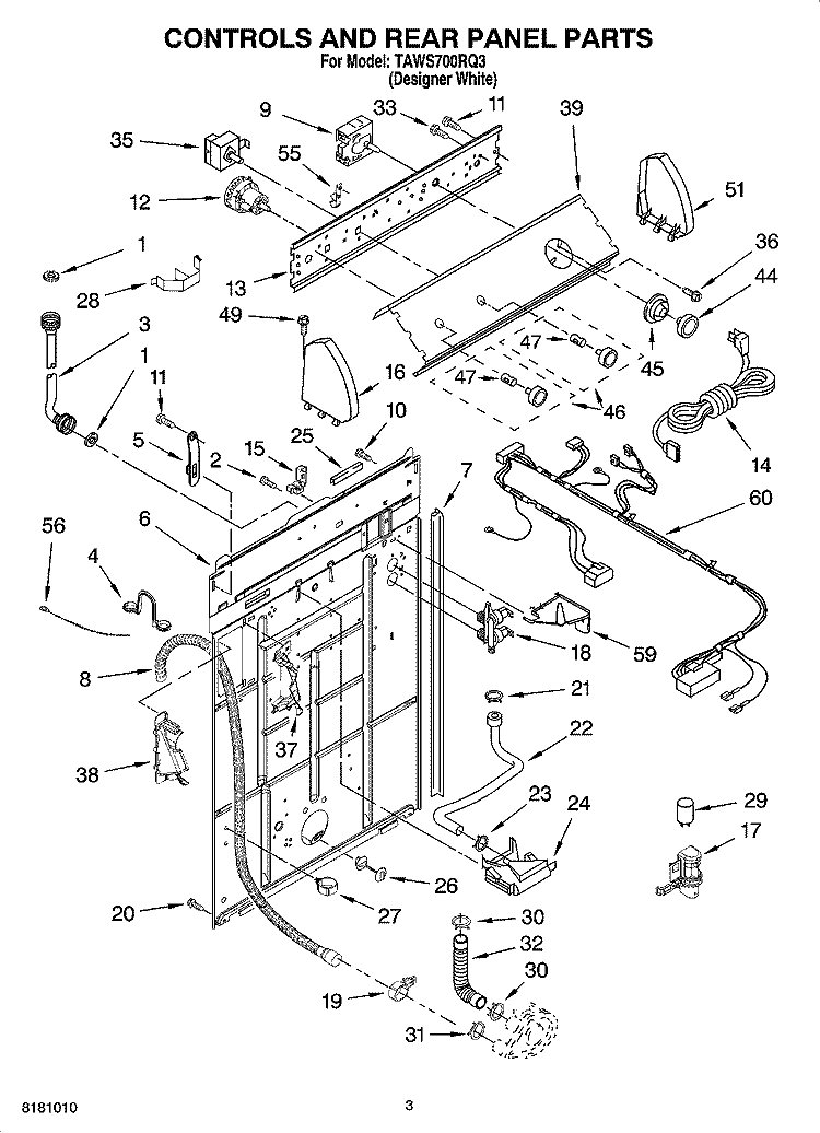 CONTROLS AND REAR PANEL PARTS Diagram and Parts List for TAWS700RQ3  Estate Washer