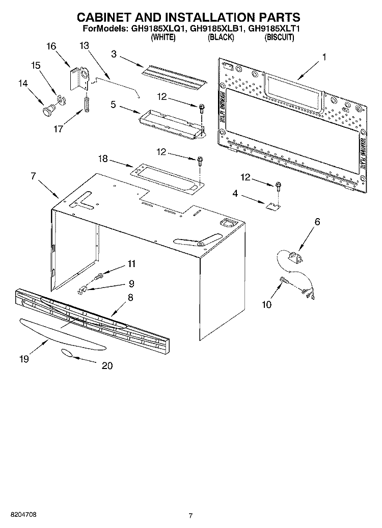 CABINET AND INSTALLATION PARTS Diagram and Parts List for GH9185XLT1  Whirlpool Microwave